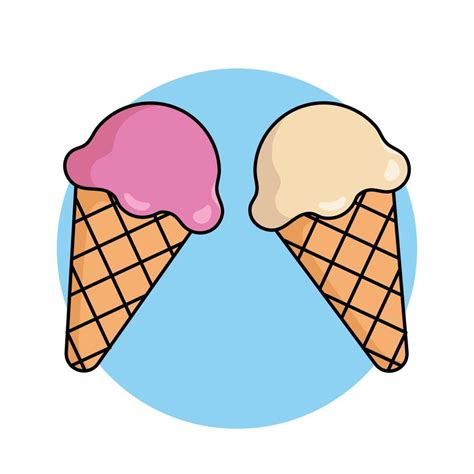 Cute ice cream scoop cartoon icon vector. Strawberry and vanilla scoops in waffle cone. Desserts ...