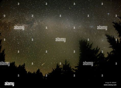 In this 30 second exposure, a meteor streaks across the sky during the annual Perseid meteor ...