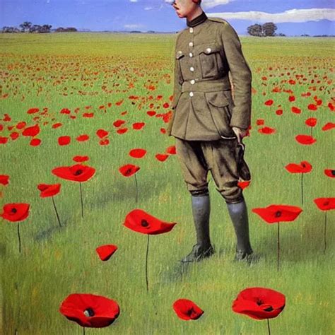 world war 1 soldier in a field of giant poppies, | Stable Diffusion