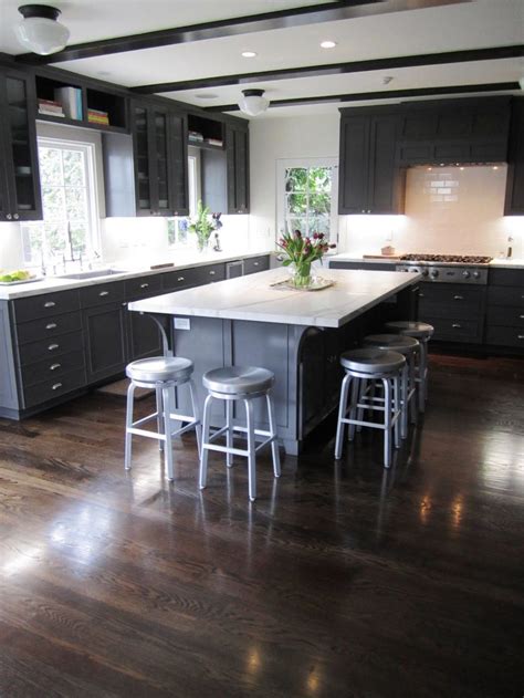 Impressive Grey Wooden L Shaped Kitchen Cabinets And Rectangle Kitchen ...