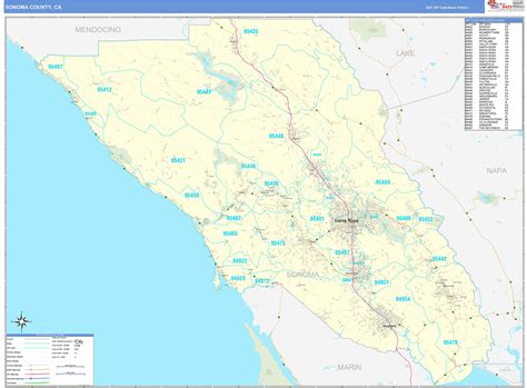 Sonoma County, CA Zip Code Wall Map Basic Style by MarketMAPS - MapSales