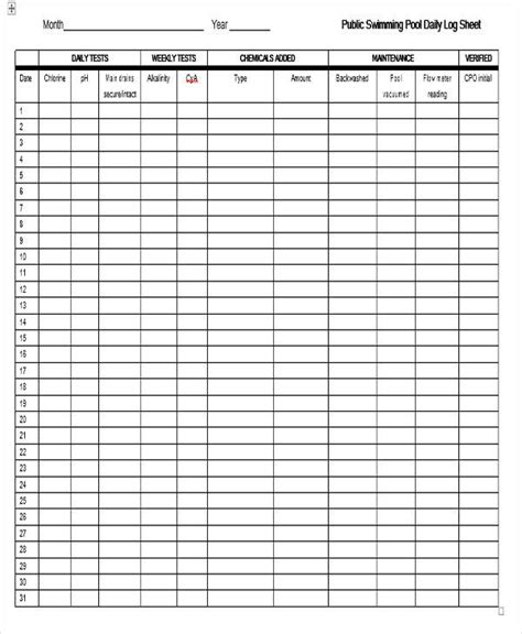 Printable Pool Log Sheet