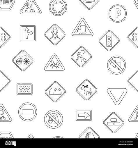 Vector black and white road signs seamless pattern. Line railway and traffic street repeating ...