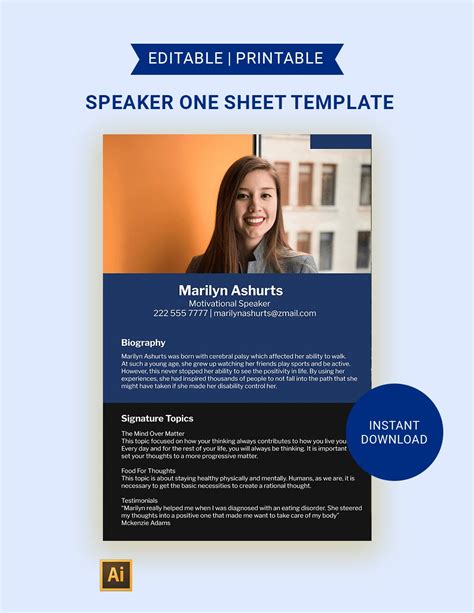 Speaker One Sheet Template in Illustrator, Word, Publisher, Google Docs ...