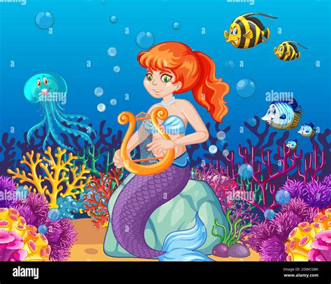 Set of sea animals and mermaid cartoon character on sea background ...