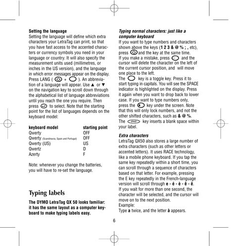 Typing labels | Dymo LetraTag QX50 User Manual | Page 6 / 44 | Original ...