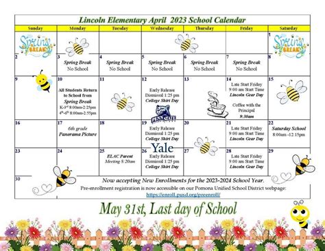 April Lincoln Elementary School Calendar | Lincoln Elementary School