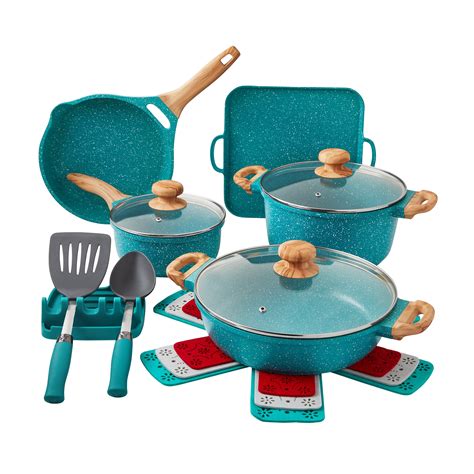 The Pioneer Woman Prairie Signature 14-Piece Cast Aluminum Cookware Set, Teal Speckle - Walmart.com