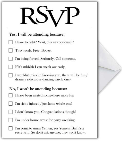 Rsvp Card With Hilarious Options Or Add Your Own Funny Reasons inside ...