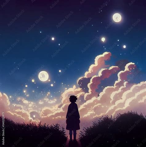 Silhouette of kid looking the sky at night. Anime boy watching star on ...