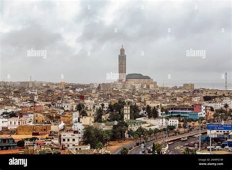Casablanca skyline, panoramic view with Hassan II Mosque, landmark, dreary weather, view from ...