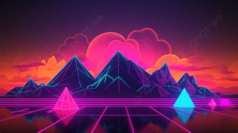 3d Rendering Of Retro Game Landscape With Neon Lights And Mountain Scenery In 80s Vintage Style ...