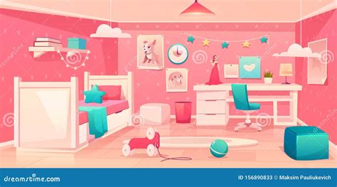 Little Girl Bedroom Cozy Interior Cartoon Vector Stock Vector - Illustration of floor, chair ...