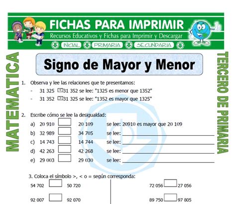 Signo de Mayor y Menor para Tercero de Primaria - Fichas para Imprimir