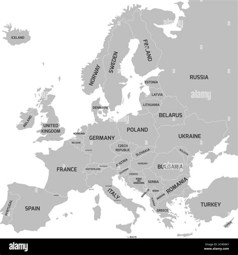 Map of Europe with names of sovereign countries, ministates included. Simplified dark grey ...