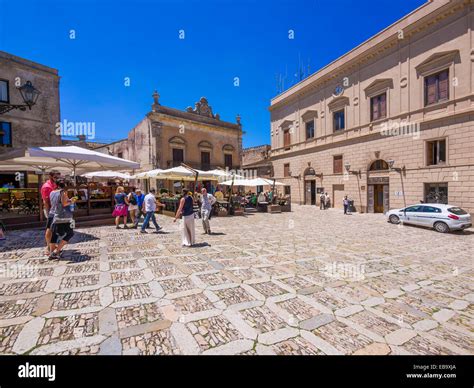 Piazza Umberto I with restaurants, historic centre, Erice, Province of Trapani, Sicily, Italy ...