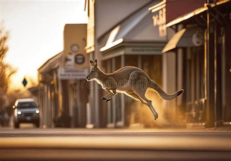 Kangaroo Jumping in Blurred Empty Street with Side View in Morning, Generative AI Stock ...