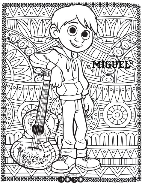 Miguel Rivera with patterns in background - Coco Kids Coloring Pages