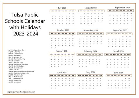 Tulsa Public Schools Calendar with Holidays 2023-2024