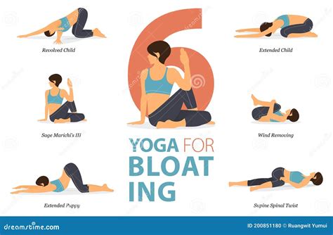 6 Yoga Poses Or Asana Posture For Workout In Yoga For Bloating Concept ...