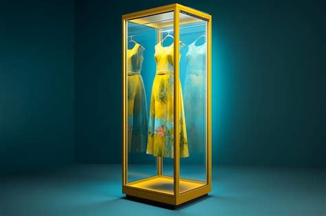 Premium AI Image | A yellow glass display case with a yellow dress with the word yellow on it