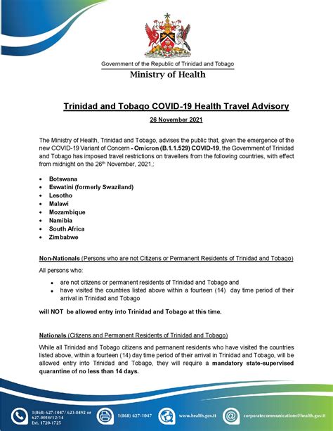 Trinidad and Tobago COVID-19 Health Travel Advisory-26 November 2021 ...