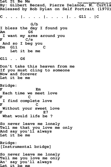 Bob Dylan song - Let It Be Me, lyrics and chords