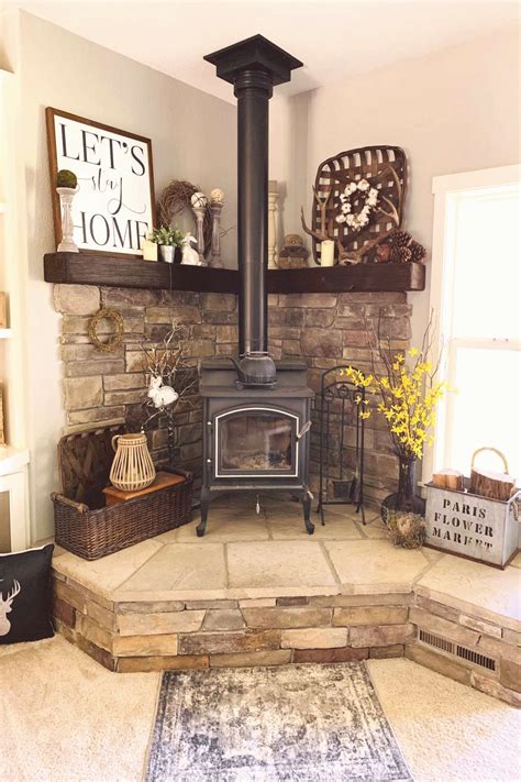 Corner wood stove decor | Wood stove decor, Corner wood stove, Stove decor