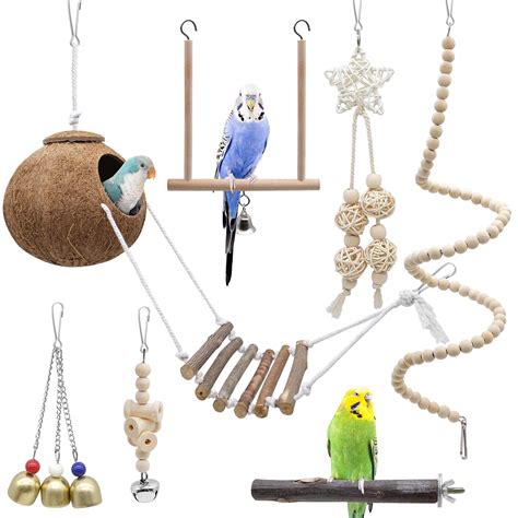 Buy Yue Budgie Toys 7 Pcs, Bird Toys Natural Coconut Bird Cage with Ladder, Hanging Swing ...