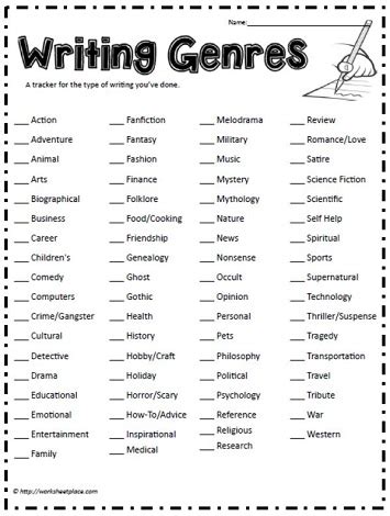 Writing Genres Tracking Worksheets