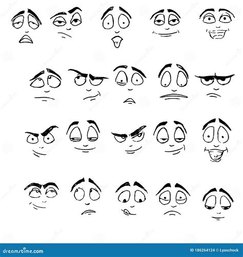 Drawing Black and White Emoji, Emoticons. Different Emotions on Faces ...