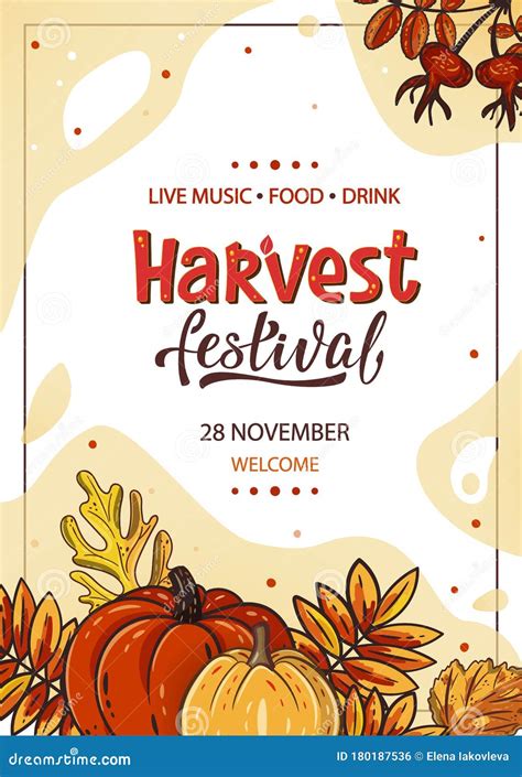 Harvest Festival Template with Pumpkins, Leaves and Handwritten Lettering. Design for Poster ...