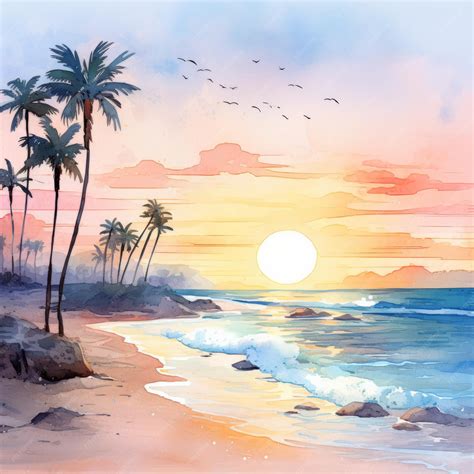 Tropical Beach Sunset Watercolor Painting | Premium AI-generated image