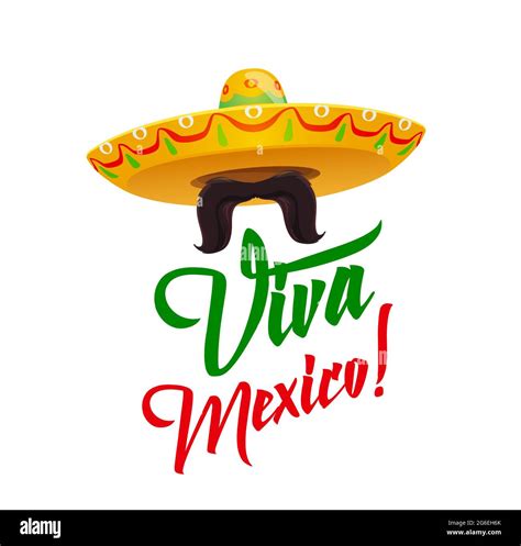 Viva Mexico, sombrero with mustaches, vector Mexican holiday symbolic in red and green flag ...