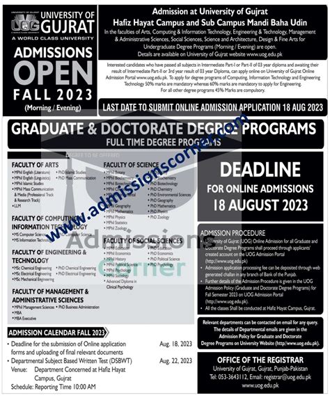 University of Gujrat UOG Admissions Fall 2023 - Admissions Corner