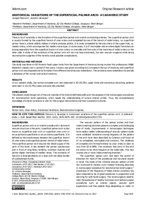 (PDF) Anatomical Variations of the Superficial Palmar Arch- a Cadaveric Study | Arindom Banerjee ...