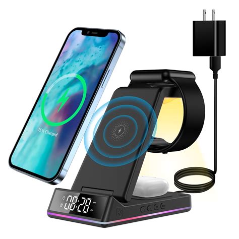 Auzev 3 in 1 Wireless Charger Station with Clock/Alarm and Night Light, Fast Wireless Charging ...