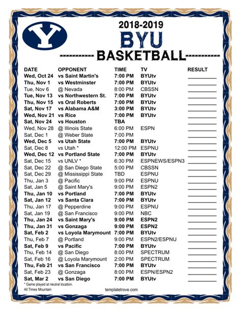 Printable 2018-2019 BYU Cougars Basketball Schedule