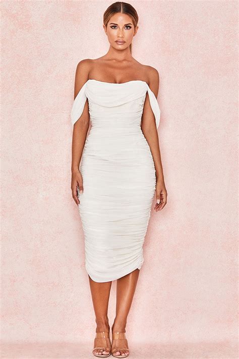 Off Shoulder Ruched Bodycon Cocktail Party Dress - White – Rosedress