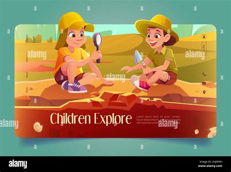 Children archaeology explore cartoon landing page. Kids play in ...