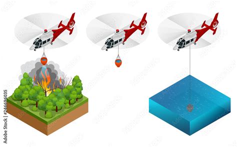 Isometric helicopter dropping water on a fire. Forest fire helicopter ...