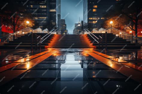 Premium AI Image | an empty city street at night with steps leading up ...