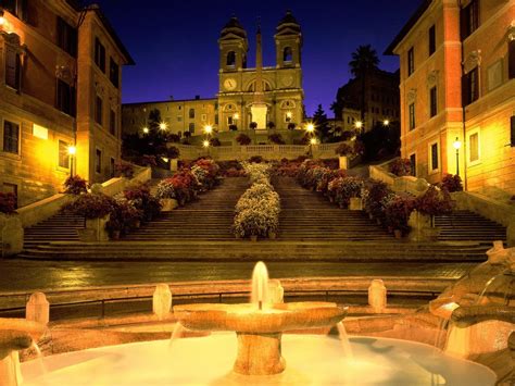 Italy, Rome, Church, Stairs, Fountain, Evening, Lights, Street light, City, Piazza di Spagna ...