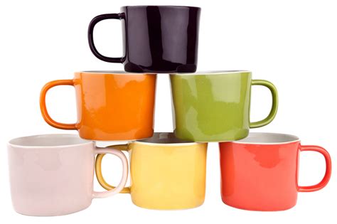 five different colored coffee mugs stacked on top of each other
