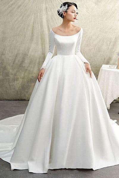 White Satin Ball Gown Wedding Dress Long Sleeve Wide Neckline – loveangeldress