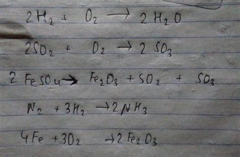 3. Balance the following equations (a) H2 + O2 = H2O (b) SO2 + O2 = SO3 (c) FeSO4 =Fe2O3 + SO2 ...