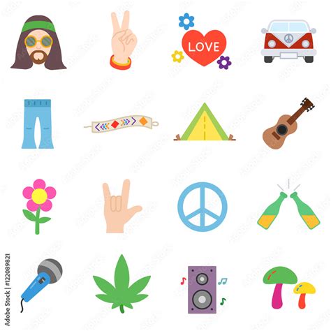 hippie subculture flat icons collection. isolated symbols Stock Vector | Adobe Stock