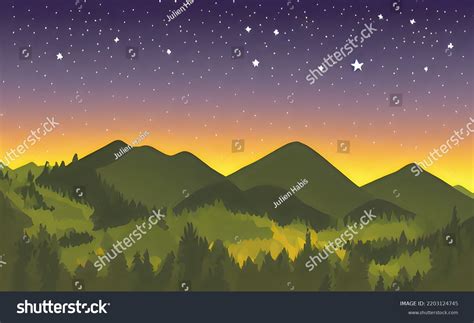 Mountains Forest Night Sky Clouds Stars Stock Illustration 2203124745 ...