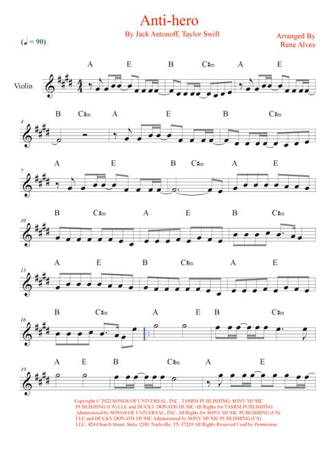 Anti-hero (arr. Rene Alves) by Taylor Swift Sheet Music for Violin Solo at Sheet Music Direct