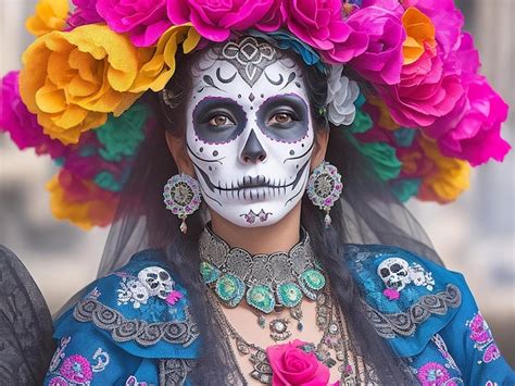 Premium AI Image | Portrait of a woman wearing beautiful Day of the Dead costumes and skull ...